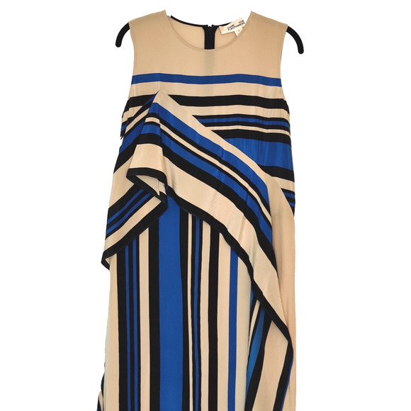 Diane Von Furstenberg DVF Borel Stripe Silk Shift Dress Size 2 Beige Blue Resort - Picture 9 of 16